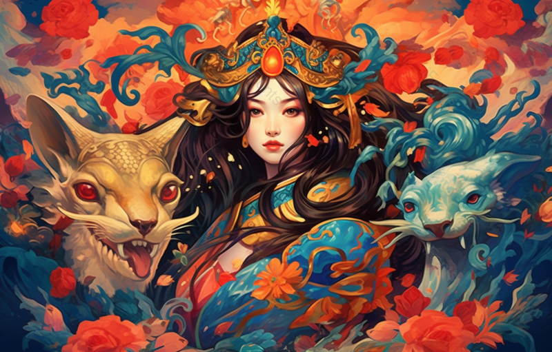京剧中国风山海经风格异兽和头戴凤冠身穿华服的女性人物插画,插画/手绘图,插画/手绘图库,插画/手绘图下载,插画/手绘